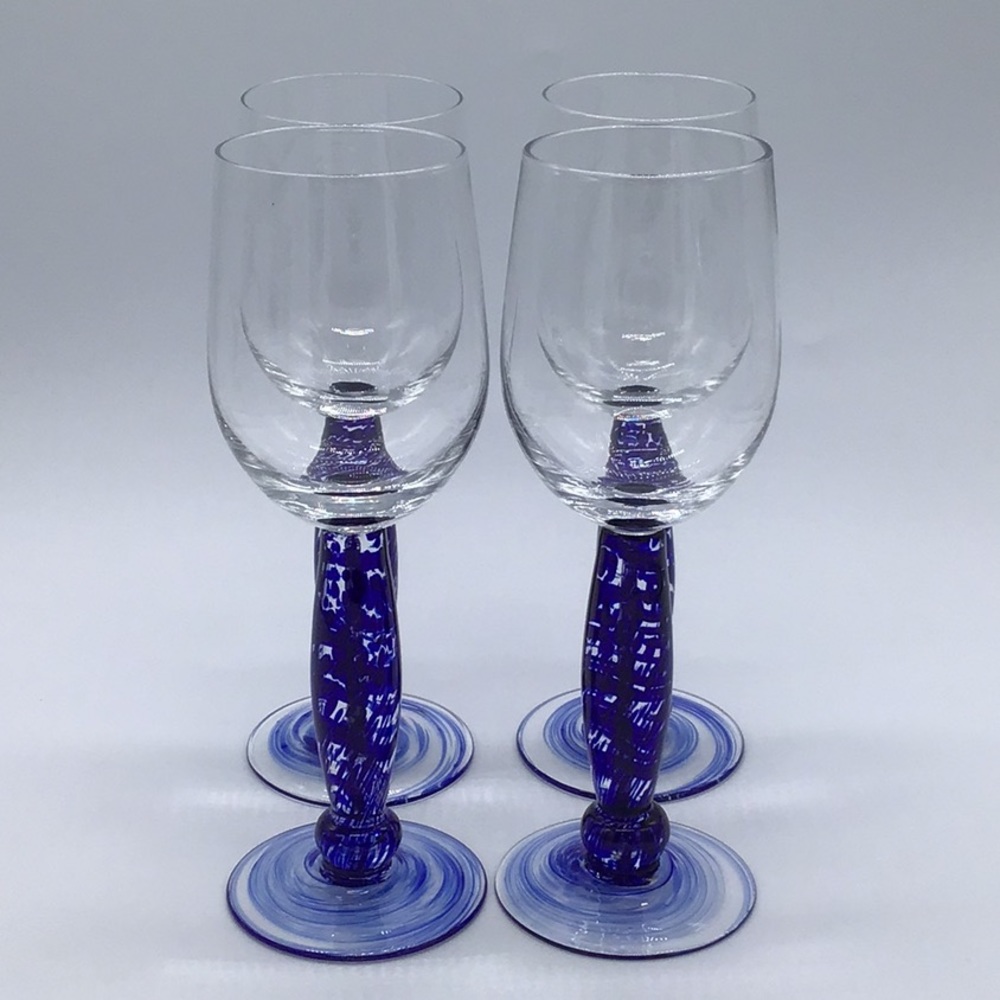 Cobalt Spatter Blue Swirl Blown Wine Goblets